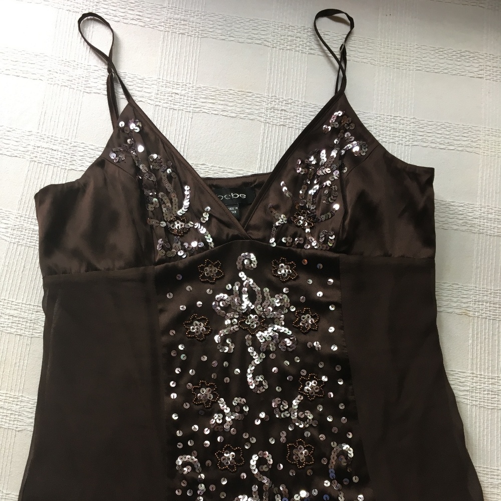 BEBE Dark Brown Silk Beaded Camisole